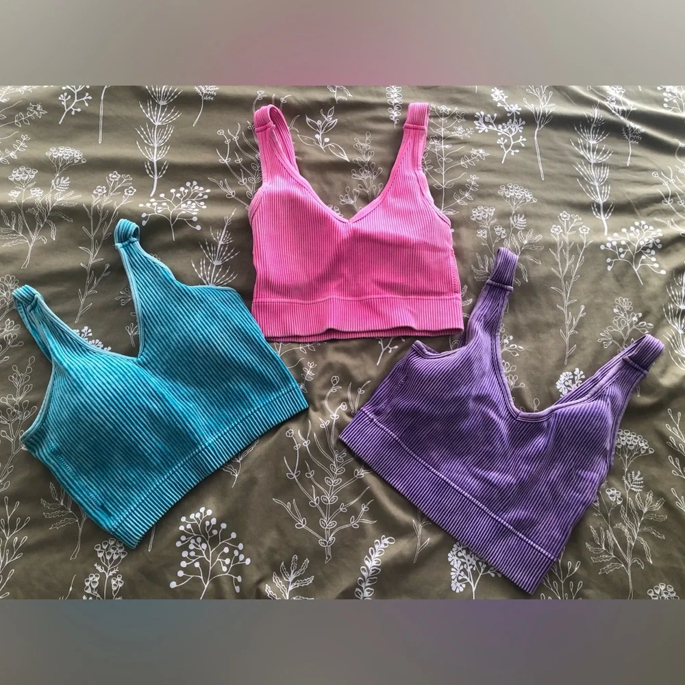 zenana sports bra small medium lot of 3, blue purple pink, acid distressed